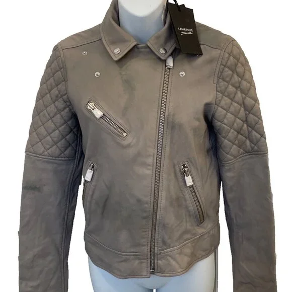 NWT Lamarque Quilted Leather Jacket Marilla Size XS Gravel Grey $675 - Picture 14 of 16